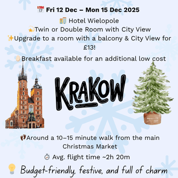 Compare Flights and Travel Essentials 18 Travel deal card showing Hotel Wielopole details, dates, and Christmas market location in Kraków.