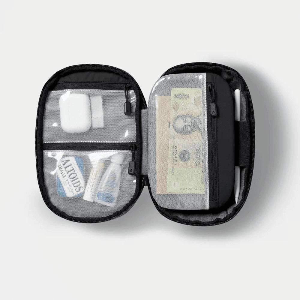 Navigator Tech Organiser 1 Gomatic Navigator Tech Organiser open showing elastic loops and mesh pockets for tech gear