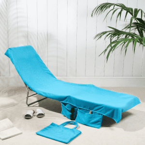 OHS Blue Lounger Beach Towel with Storage Pockets Blue OHS beach towel covering a lounger chair with matching storage pockets
