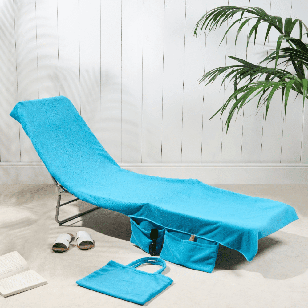 OHS Beach Towel - Over 25 designs 2 Blue OHS beach towel covering a lounger chair with matching storage pockets