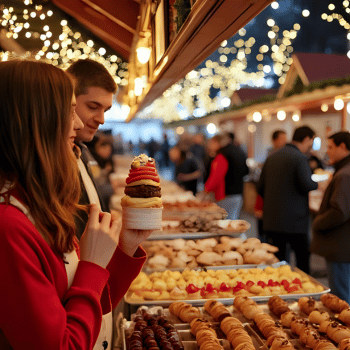 Christmas Market Trip Planner 12 Couple choosing festive pastries and desserts at a Christmas market stall