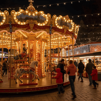 Christmas Market Trip Planner 11 Families enjoying a carousel ride surrounded by glowing market stalls at night