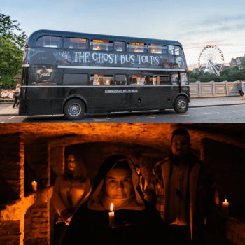 Compare Flights and Travel Essentials 30 Edinburgh Ghost Bus passing the city centre and visitors exploring the haunted underground vaults by candlelight.