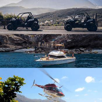 Compare Flights and Travel Essentials 11 Collage showing Tenerife activities including buggy rides, a marine life cruise, and helicopter tours. Caption: Make memories in Tenerife — book a buggy tour, whale-watching cruise, or helicopter flight right from Playa San Juan.