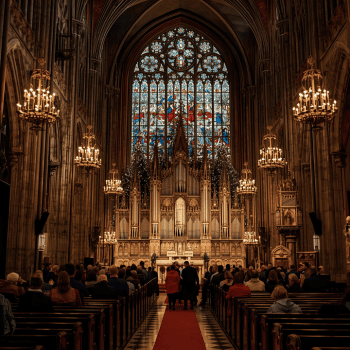 Christmas Market Trip Planner 10 People attending a Christmas service inside a grand cathedral with chandeliers and stained glass