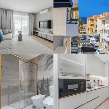 Compare Flights and Travel Essentials 13 Interior collage of SeaShell Suites showing modern living room, kitchen, bathroom, and ocean-view balcony in Playa San Juan, Tenerife.