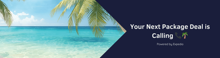 Compare Flights and Travel Essentials 7 Beach scene with palm trees over turquoise ocean promoting Expedia package deals