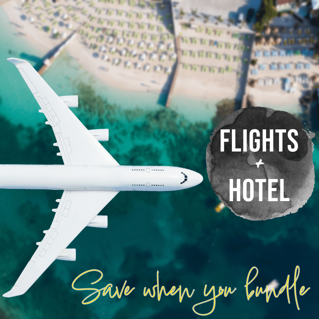 Airplane flying over a beach promoting flight and hotel bundle deals