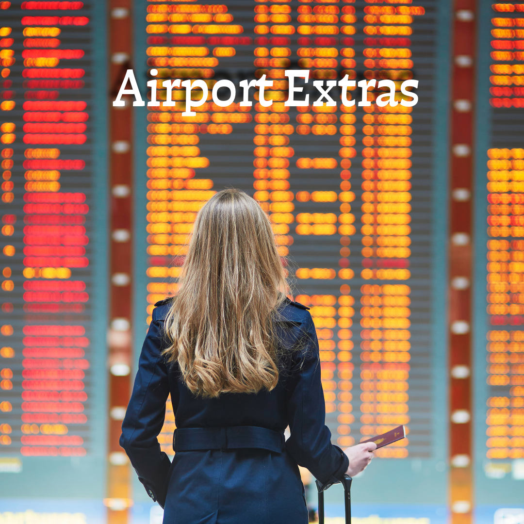 Traveller checking departure board at airport promoting airport extras