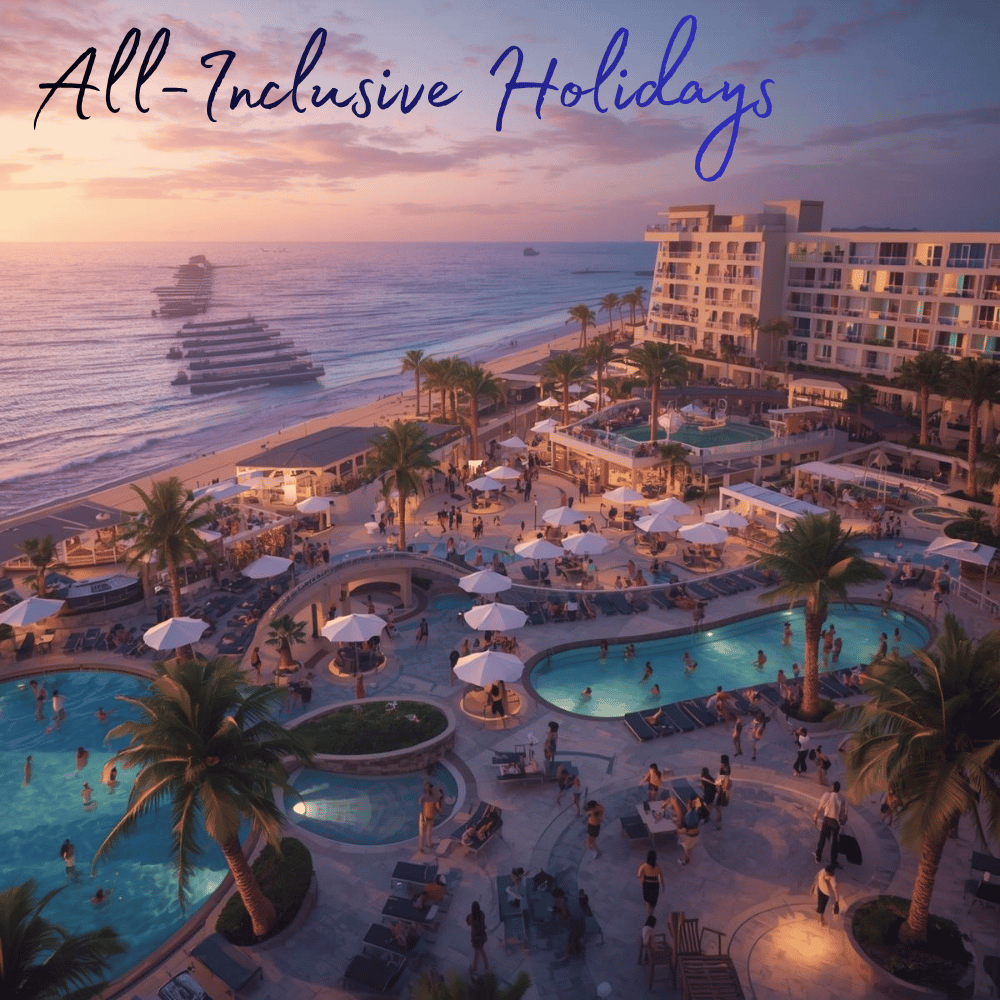Beach resort with pools and palm trees at sunset