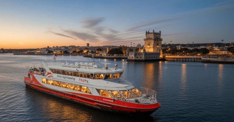Compare Flights and Travel Essentials 101 Evening cruise boat sailing on the Tagus River in Lisbon with Belém Tower illuminated at sunset