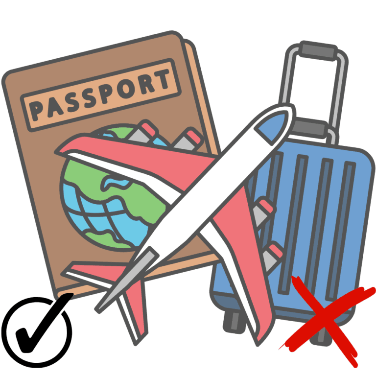 Illustration showing a passport, aeroplane and suitcase with tick and cross symbols representing ETIAS eligibility for UK travellers ETIAS for UK travellers