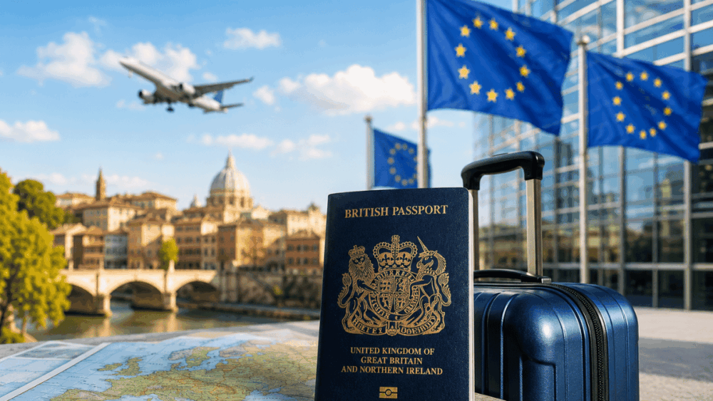 UK passport and suitcase with European travel backdrop representing ETIAS travel authorisation for UK travellers