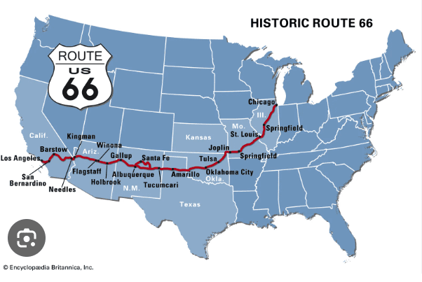 Compare Car Hire Prices 2 Map showing the full Route 66 road trip from Chicago to Los Angeles across the United States