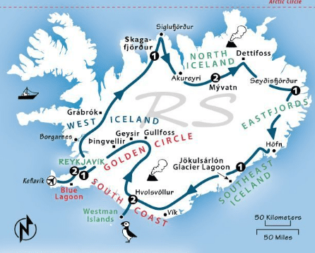 Compare Car Hire Prices 3 Illustrated map of Iceland’s Ring Road showing key stops and regions around the island