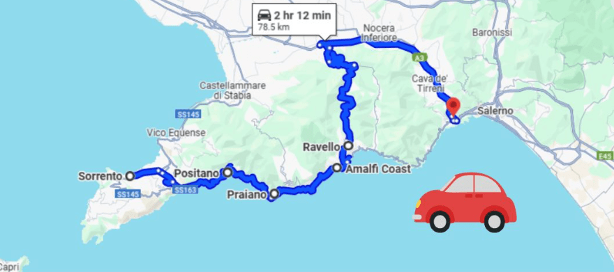 Compare Car Hire Prices 4 Map showing the Amalfi Coast driving route from Sorrento through Positano, Amalfi and Ravello Caption