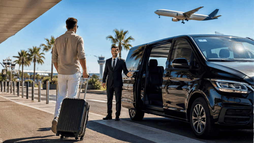 Traveller meeting a private airport transfer driver beside a vehicle outside an airport terminal