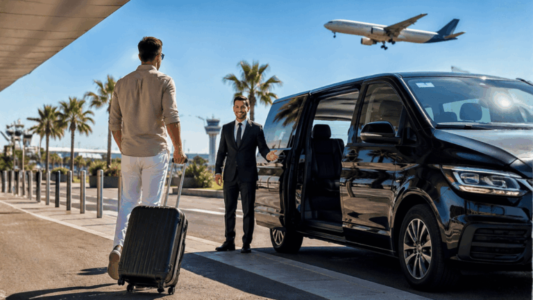 Traveller meeting a private airport transfer driver beside a vehicle outside an airport terminal