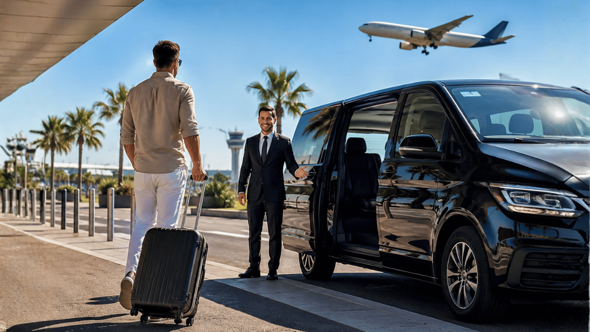 Traveller meeting a private airport transfer driver beside a vehicle outside an airport terminal