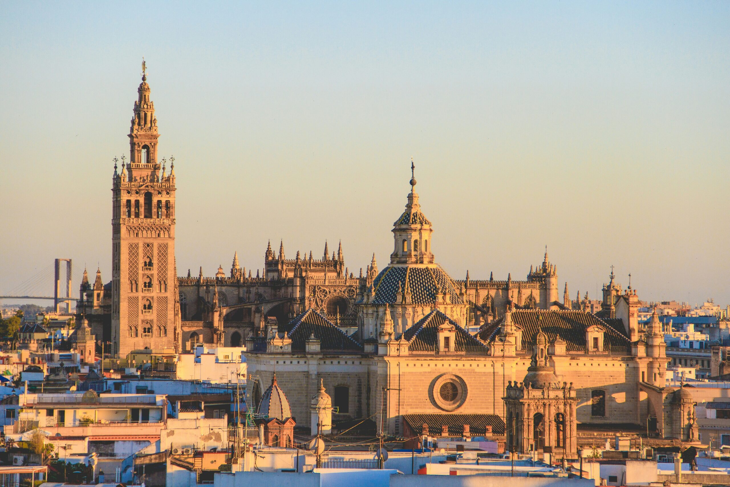 Historic cathedral skyline with towers at sunset