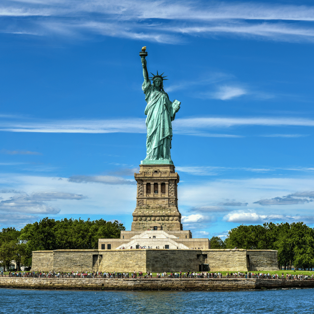 Statue of Liberty standing on Liberty Island in New York Harbor