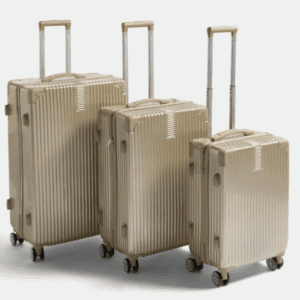 Gold metallic hard shell suitcase set with three sizes and spinner wheels