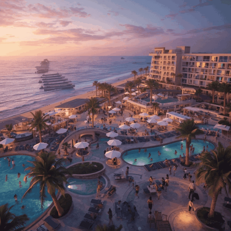 Beachfront all-inclusive resort with pools, palm trees and ocean views at sunset