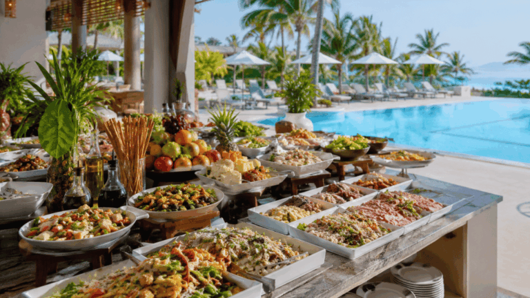 All-inclusive resort buffet with a variety of food dishes beside a swimming pool and palm trees