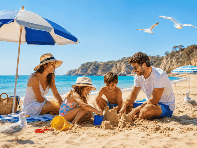 Family with children building sandcastles on a sunny sandy beach with umbrellas and seagulls overhead
