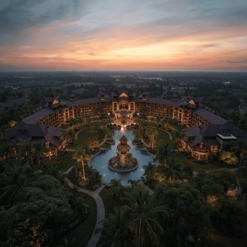 Large luxury all-inclusive resort complex with gardens, pools and palm trees at sunset