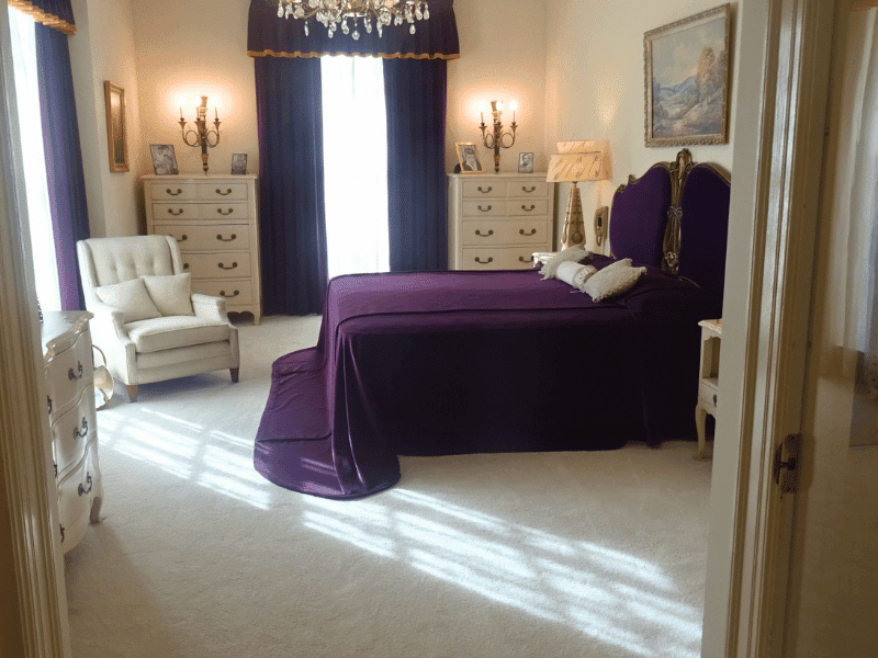 Bedroom with purple bedspread and classic furnishings