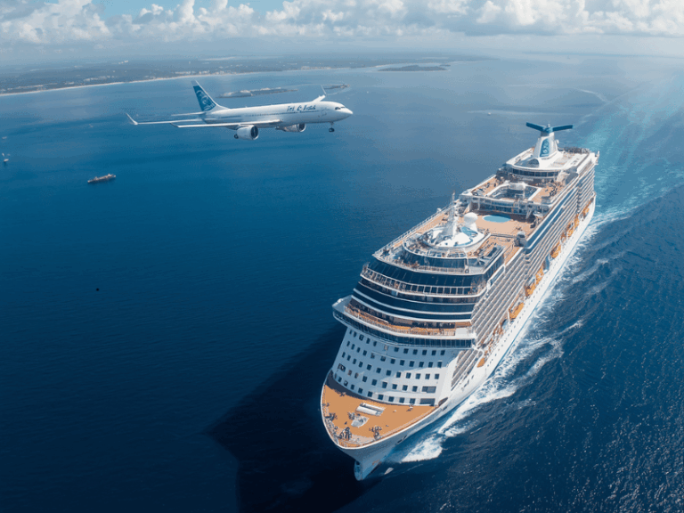 Plane flying above a cruise ship at sea