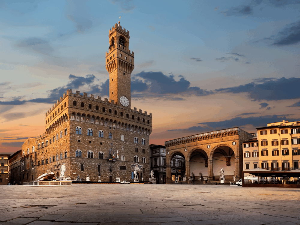 Palazzo Vecchio and Piazza della Signoria at sunset in Florence