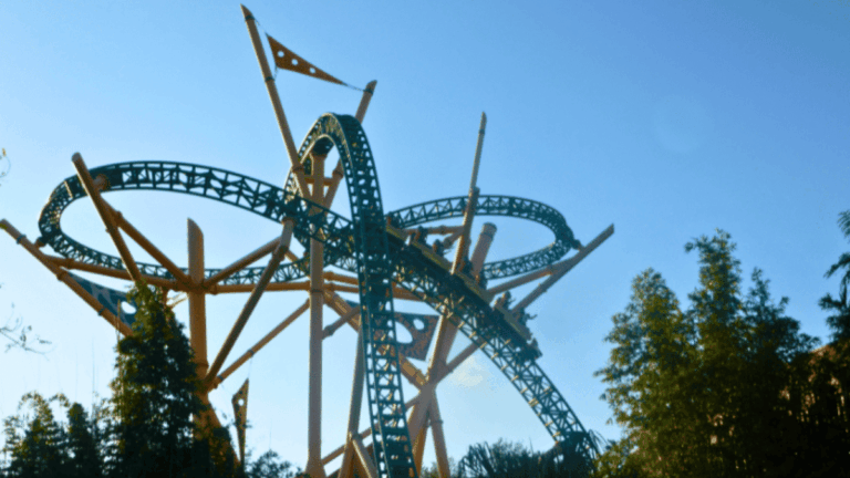 Cheetah Hunt roller coaster track at Busch Gardens Tampa Bay against a blue sky.