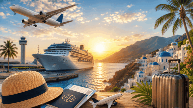 Cruise ship and passenger aircraft near a coastal holiday destination with luggage and travel documents