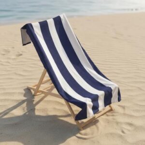 Navy and white striped beach chair towel draped over a wooden deck chair