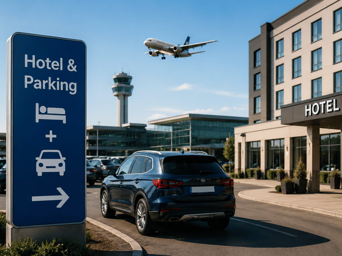 Airport hotel with parking and departing aircraft nearby