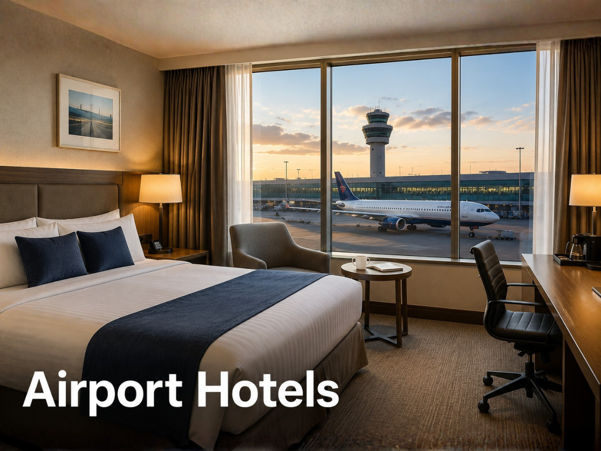 Airport hotel room with runway and terminal views