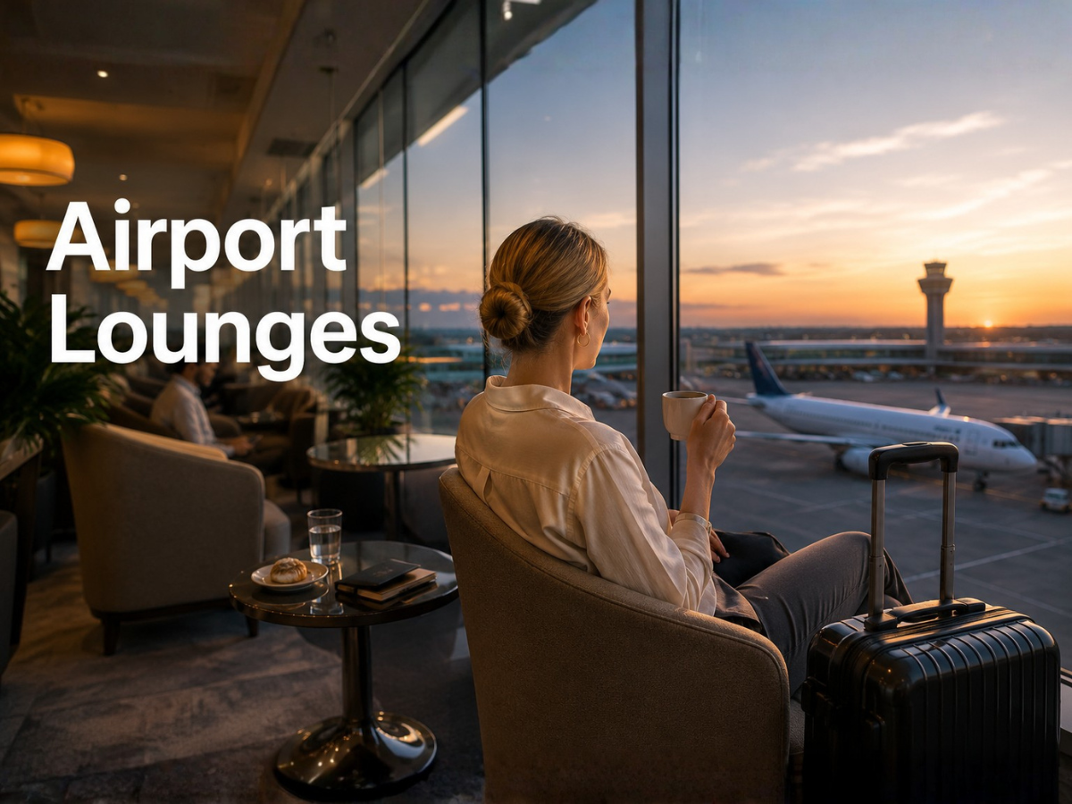 Traveller relaxing in an airport lounge overlooking the runway