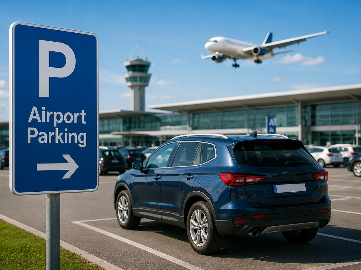 Car parked in an airport parking area near the terminal. Travel Extra
