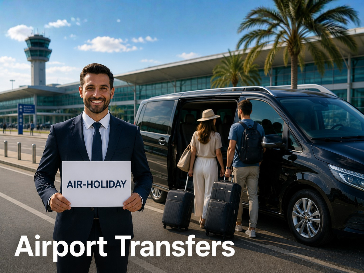 Private airport transfer vehicle collecting travellers outside the terminal