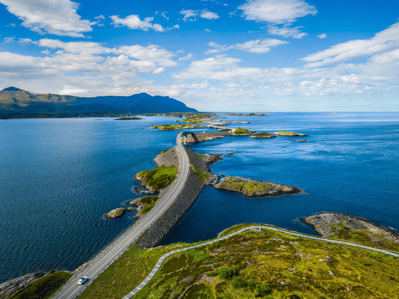 Car Hire 3 Aerial view of the Atlantic Ocean Road crossing small islands in Norway.