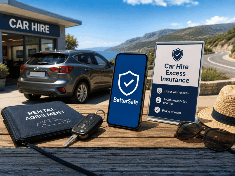 Car hire excess insurance with rental car, car keys and coastal road backdrop