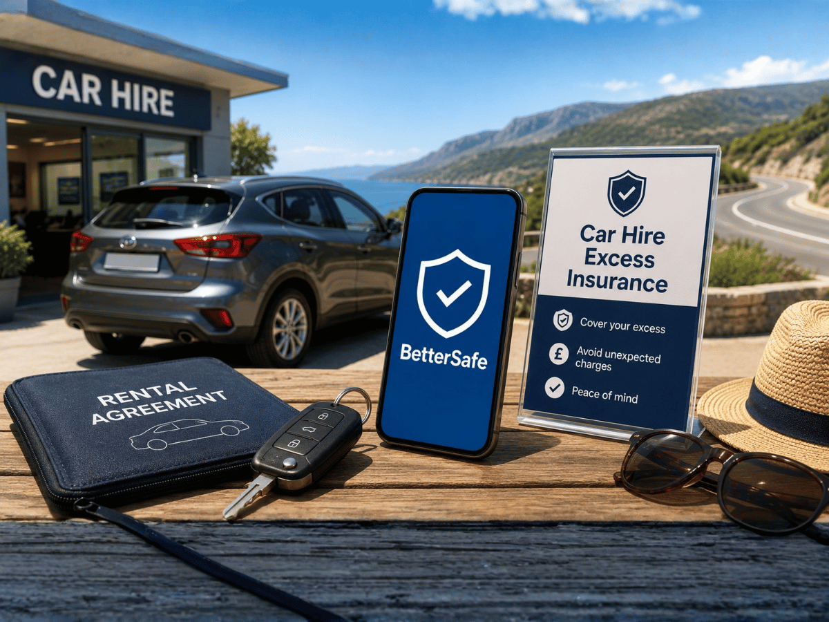 Car hire excess insurance with rental car, car keys and coastal road backdrop