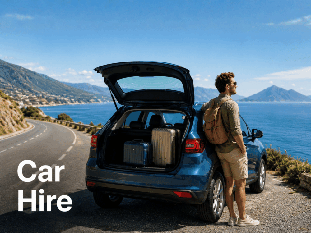 Rental car parked beside a scenic coastal road during a holiday