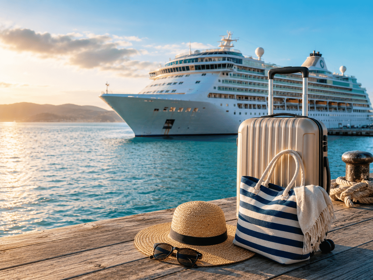 Cruise ship docked beside luggage and holiday essentials at a seaport