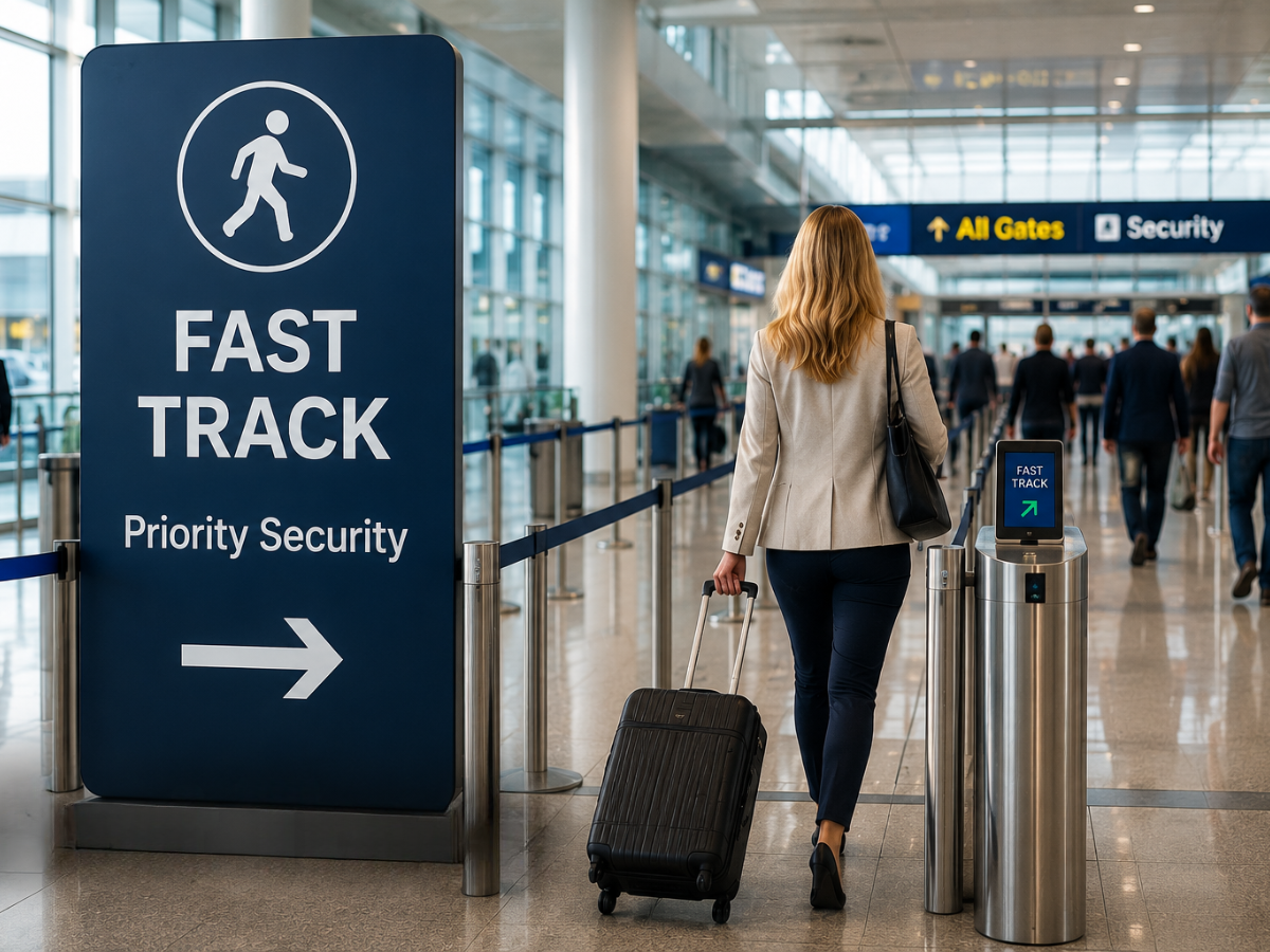 Traveller using fast track airport security lane