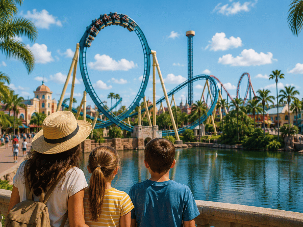 Family enjoying views of a Florida theme park and roller coaster