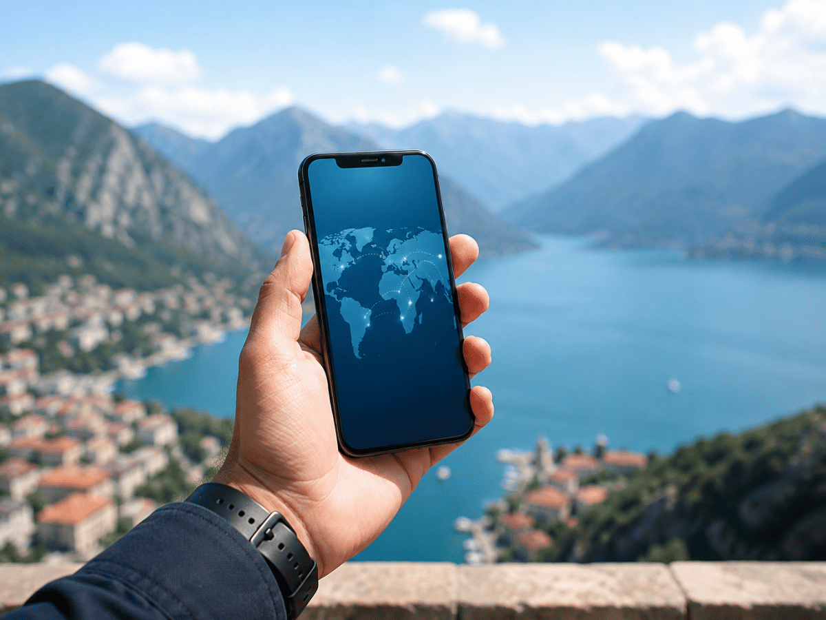Traveller using mobile data abroad with global connectivity
