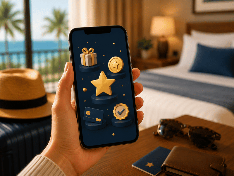 Traveller using a rewards app in a hotel room with holiday essentials nearby.